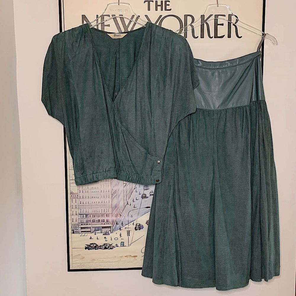 Vintage teal perforated suede top with matching leather|suede skirt